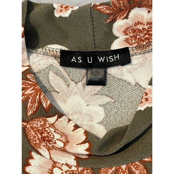 As U Wish Women's Olive Green Floral Knee Length Dress Size Large Mock Neck - Picture 5 of 8